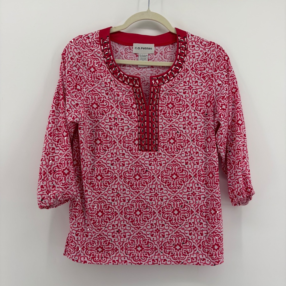 C.D. Petites Women PS Blouse Pink White Medallion Sequin Studded Split Neck‎ Top